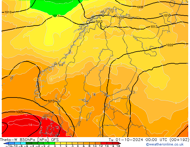 Theta-W 850hPa GFS di 01.10.2024 00 UTC