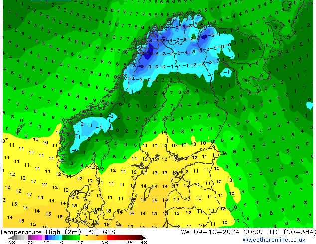 Temperature High (2m) GFS We 09.10.2024 00 UTC