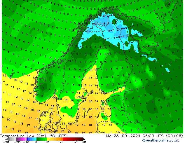 Temperature Low (2m) GFS Mo 23.09.2024 06 UTC