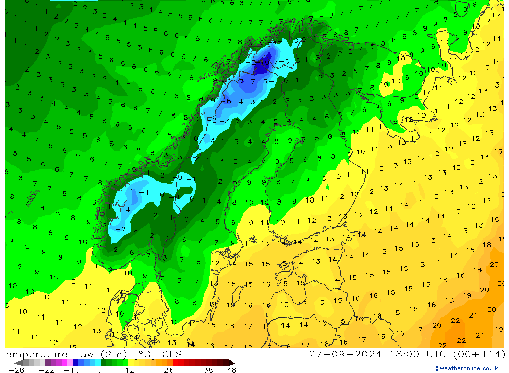 Temp. minima (2m) GFS ven 27.09.2024 18 UTC