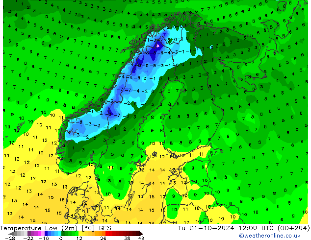 Min. Temperatura (2m) GFS wto. 01.10.2024 12 UTC