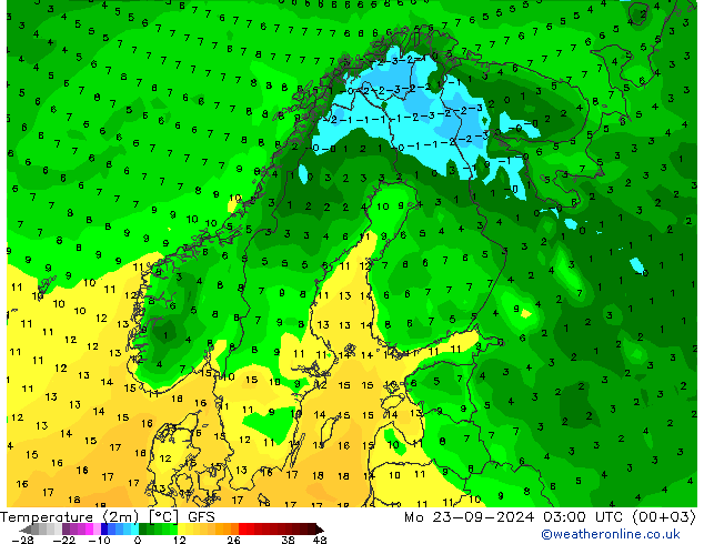 Temperaturkarte (2m) GFS Mo 23.09.2024 03 UTC