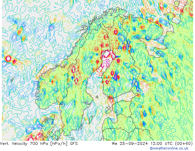 Vert. snelheid 700 hPa GFS wo 25.09.2024 12 UTC