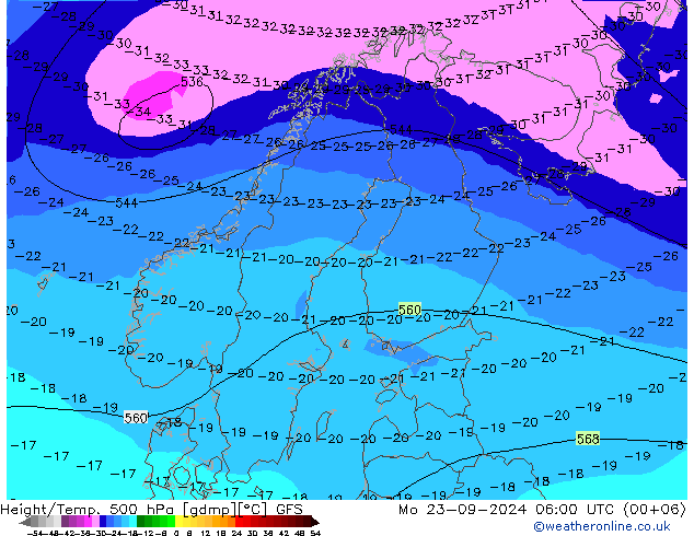 Height/Temp. 500 hPa GFS Mo 23.09.2024 06 UTC