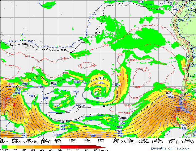 Max. wind velocity GFS пн 23.09.2024 15 UTC