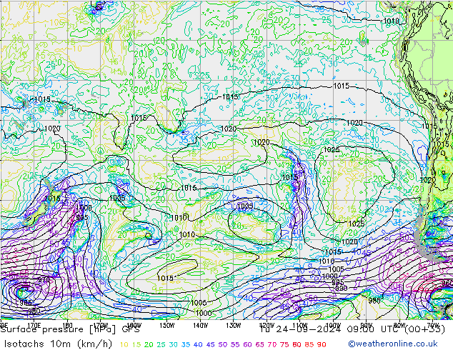 Isotachs (kph) GFS mar 24.09.2024 09 UTC