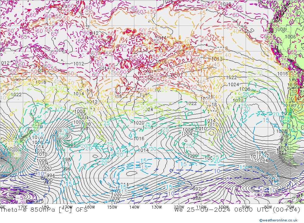 Theta-e 850hPa GFS mer 25.09.2024 06 UTC