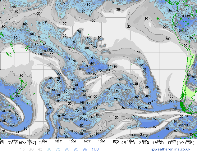 RH 700 hPa GFS śro. 25.09.2024 18 UTC