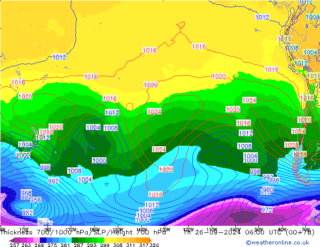 Thck 700-1000 hPa GFS gio 26.09.2024 06 UTC