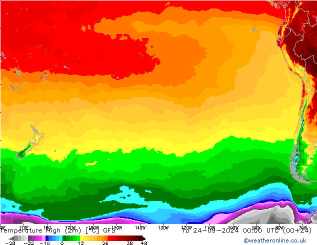 Max. Temperatura (2m) GFS wto. 24.09.2024 00 UTC