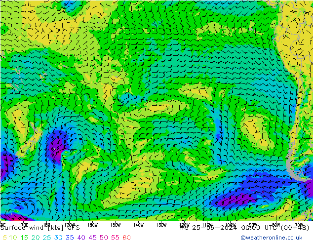 Viento 10 m GFS mié 25.09.2024 00 UTC