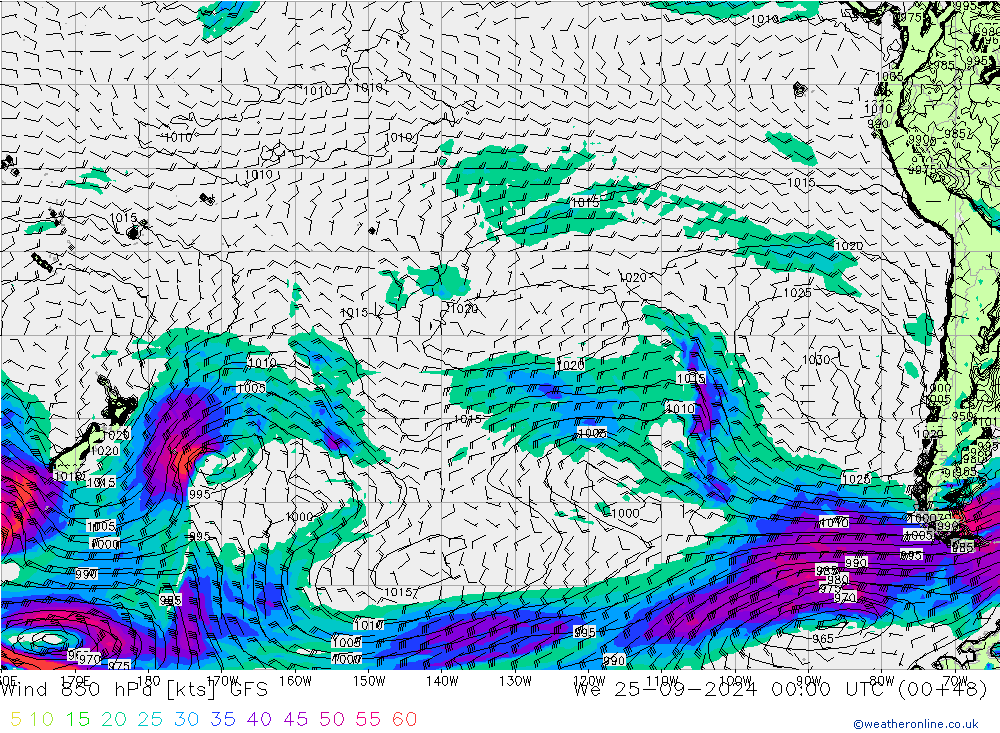 ветер 850 гПа GFS ср 25.09.2024 00 UTC
