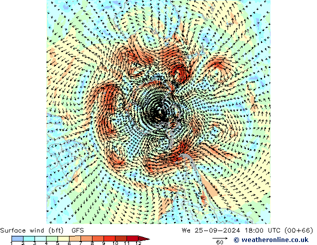 Vent 10 m (bft) GFS mer 25.09.2024 18 UTC