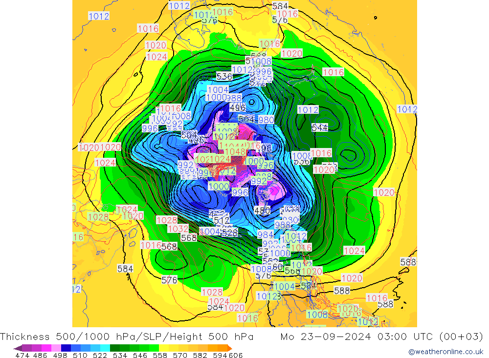 500-1000 hPa Kalınlığı GFS Pzt 23.09.2024 03 UTC