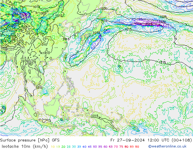 Isotachs (kph) GFS  27.09.2024 12 UTC