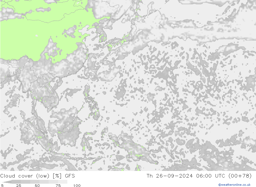 Cloud cover (low) GFS Th 26.09.2024 06 UTC