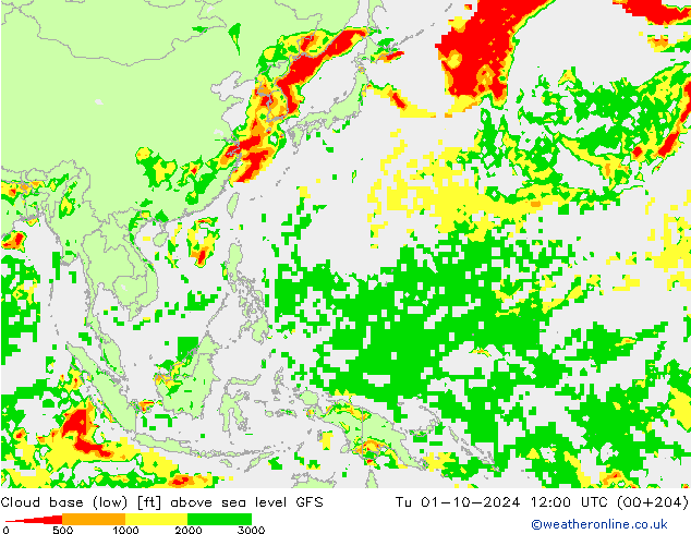 Cloud base (low) GFS wto. 01.10.2024 12 UTC