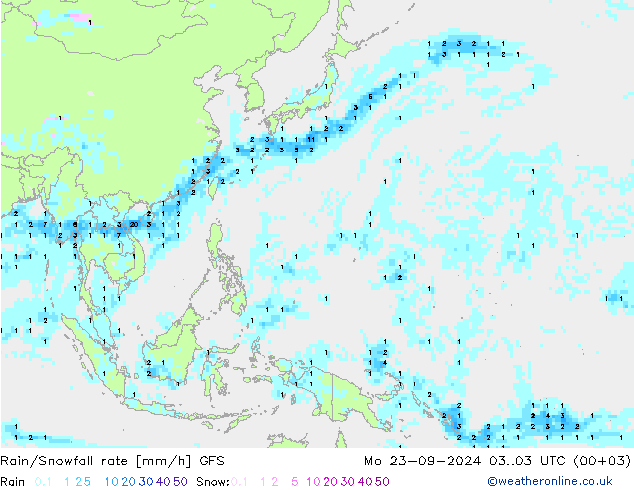 Rain/Snowfall rate GFS Mo 23.09.2024 03 UTC