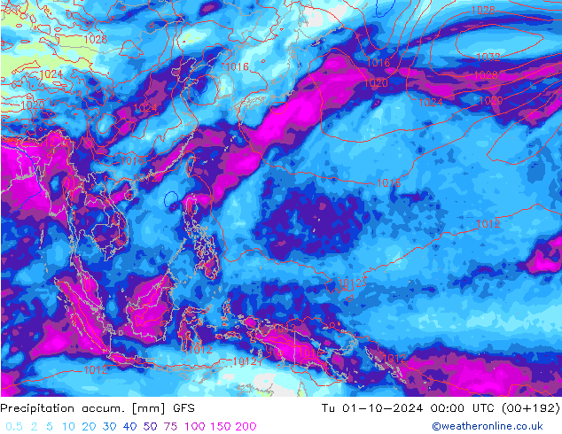 Totale neerslag GFS di 01.10.2024 00 UTC