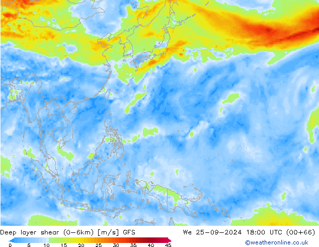 Deep layer shear (0-6km) GFS mer 25.09.2024 18 UTC