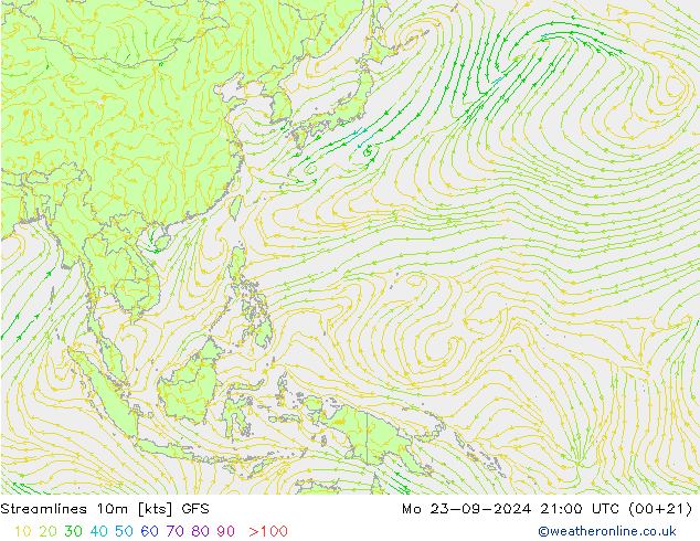 Streamlines 10m GFS Mo 23.09.2024 21 GMT