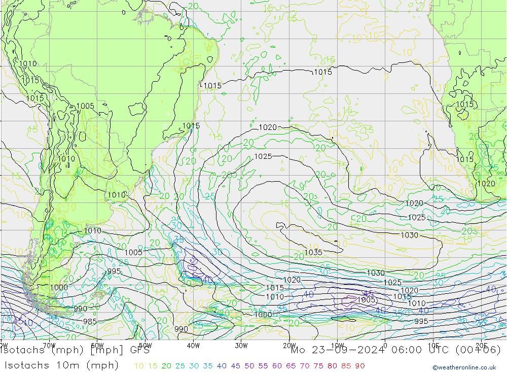 Isotachs (mph) GFS Mo 23.09.2024 06 UTC