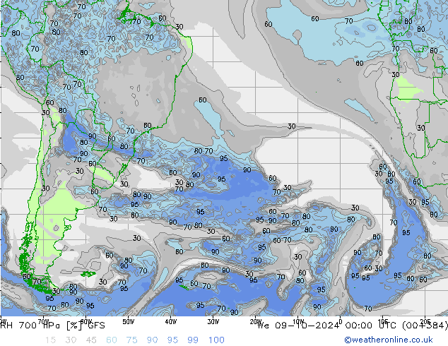 RH 700 hPa GFS Mi 09.10.2024 00 UTC