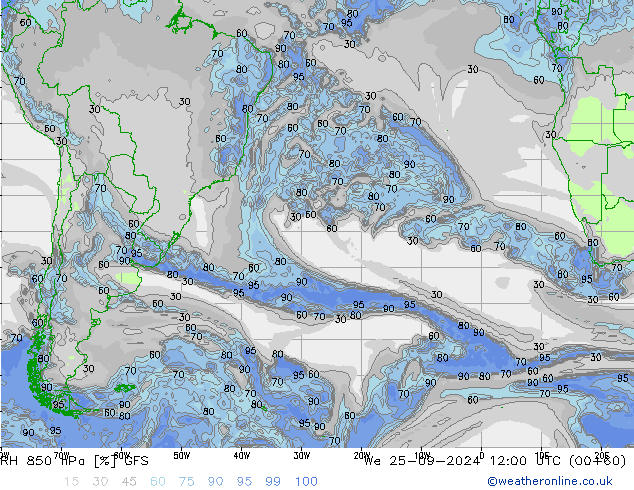 RH 850 hPa GFS mer 25.09.2024 12 UTC