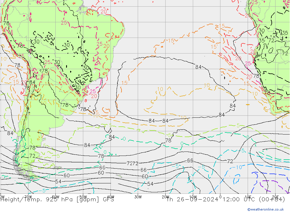 Géop./Temp. 925 hPa GFS jeu 26.09.2024 12 UTC