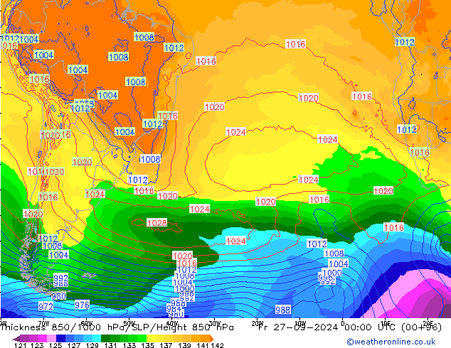 Thck 850-1000 hPa GFS ven 27.09.2024 00 UTC