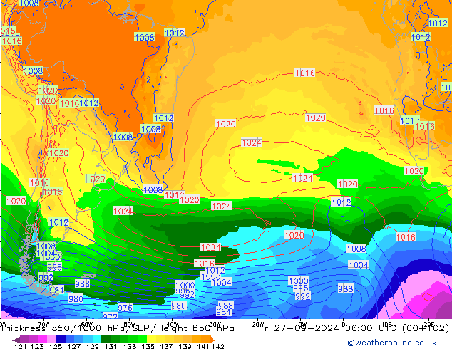 Dikte 850-1000 hPa GFS vr 27.09.2024 06 UTC