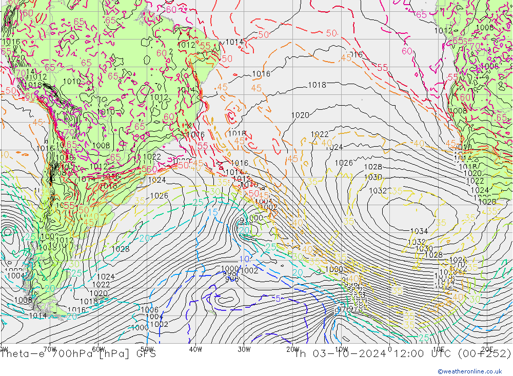 Theta-e 700hPa GFS czw. 03.10.2024 12 UTC