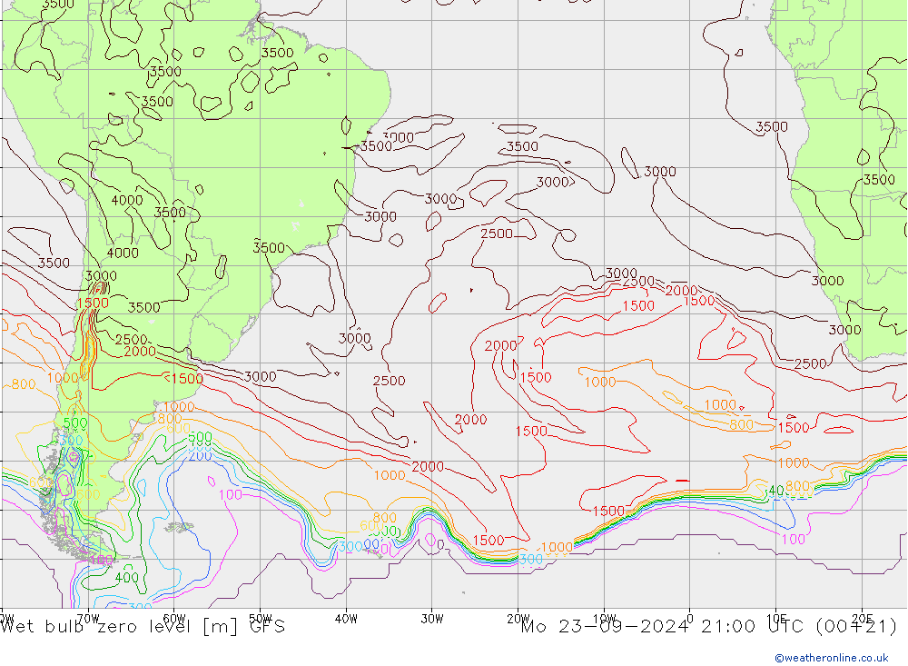 Wet bulb zero level GFS Mo 23.09.2024 21 UTC