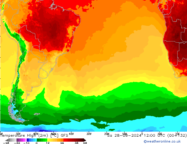 Темпер. макс 2т GFS сб 28.09.2024 12 UTC