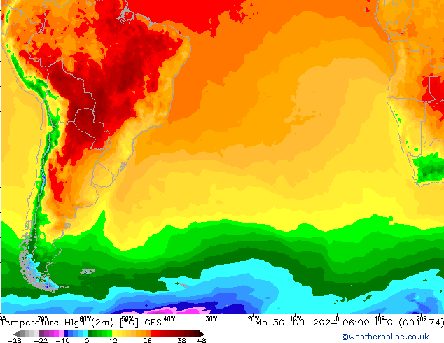 Temperature High (2m) GFS Mo 30.09.2024 06 UTC