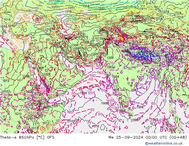 Theta-e 850hPa GFS mer 25.09.2024 00 UTC