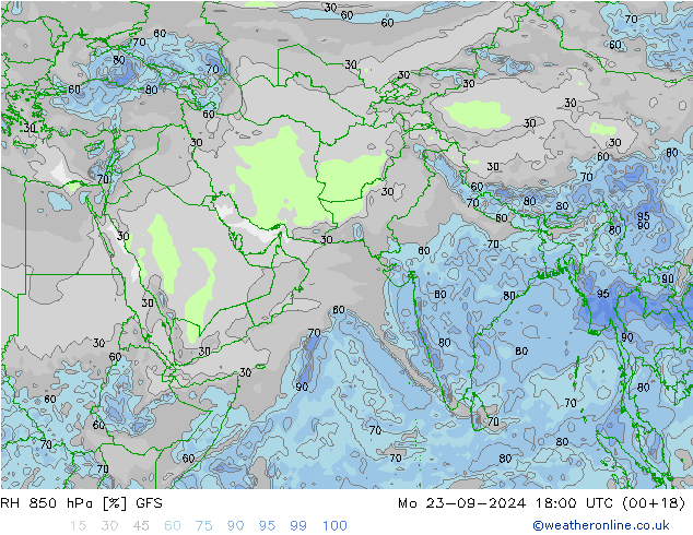 RH 850 hPa GFS pon. 23.09.2024 18 UTC