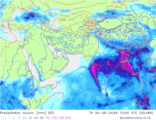 Precipitation accum. GFS czw. 26.09.2024 12 UTC