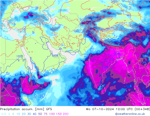 Precipitation accum. GFS lun 07.10.2024 12 UTC