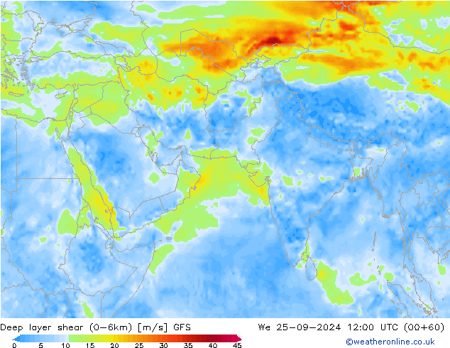 Deep layer shear (0-6km) GFS ср 25.09.2024 12 UTC