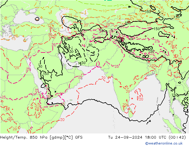 Height/Temp. 850 hPa GFS Di 24.09.2024 18 UTC