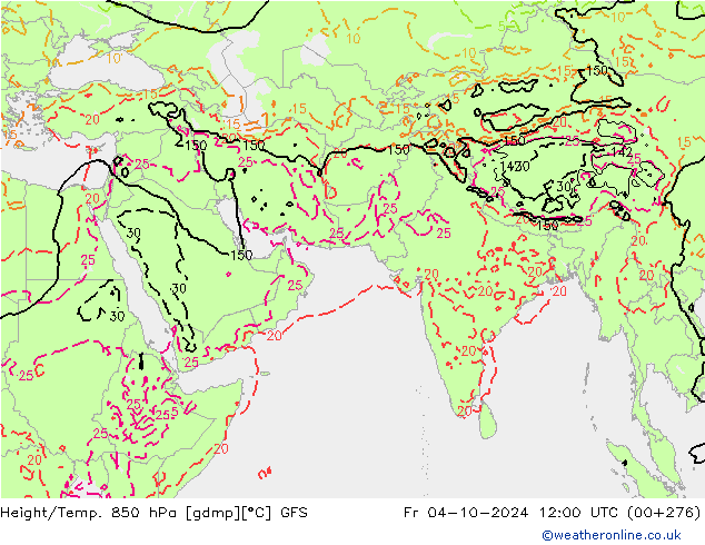 Hoogte/Temp. 850 hPa GFS vr 04.10.2024 12 UTC