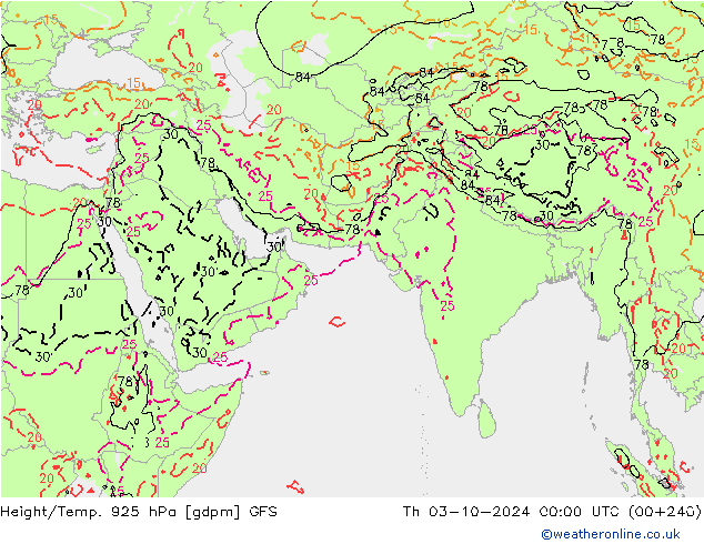 Height/Temp. 925 hPa GFS 星期四 03.10.2024 00 UTC