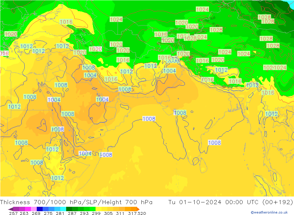 Thck 700-1000 гПа GFS вт 01.10.2024 00 UTC