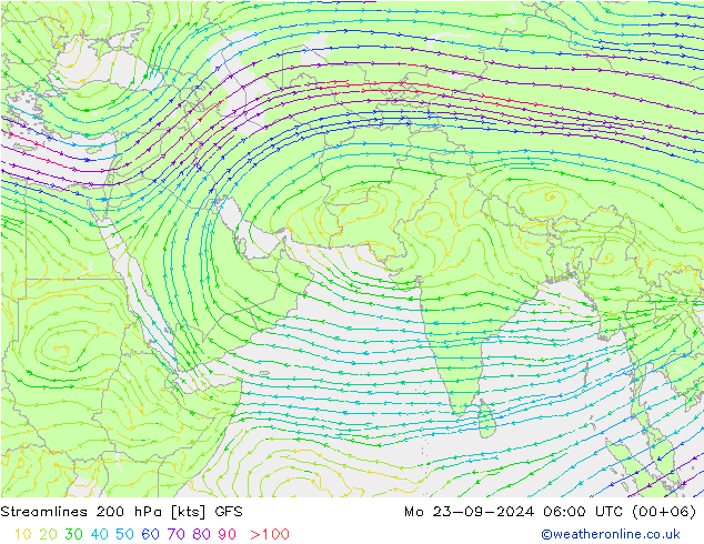 Streamlines 200 hPa GFS Mo 23.09.2024 06 UTC