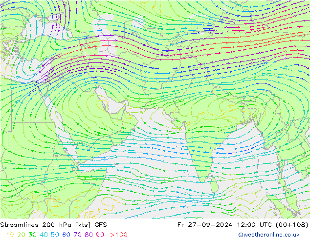 Ligne de courant 200 hPa GFS ven 27.09.2024 12 UTC