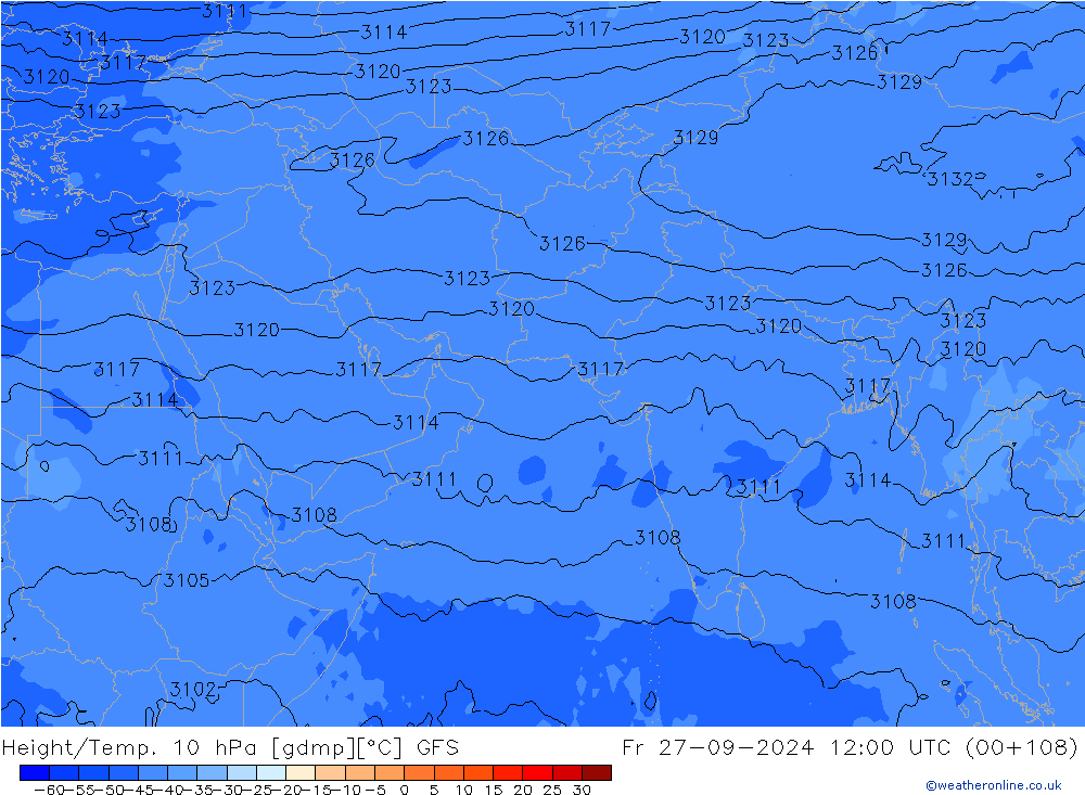 Height/Temp. 10 hPa GFS Pá 27.09.2024 12 UTC