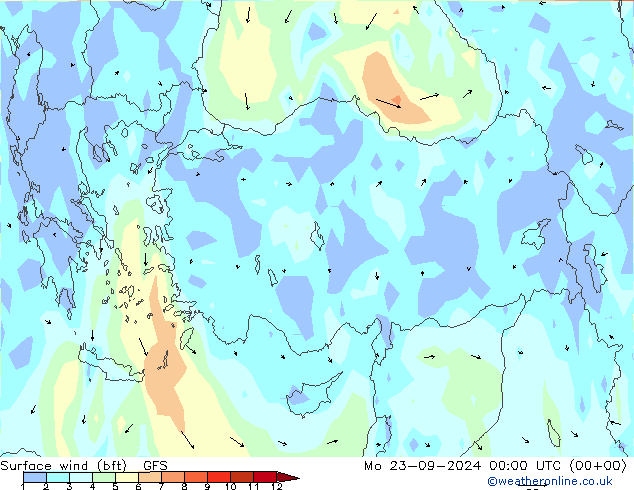 Surface wind (bft) GFS Mo 23.09.2024 00 UTC