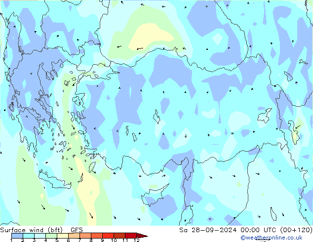 wiatr 10 m (bft) GFS so. 28.09.2024 00 UTC