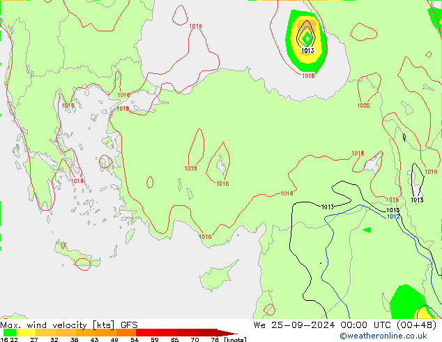 Max. wind snelheid GFS wo 25.09.2024 00 UTC